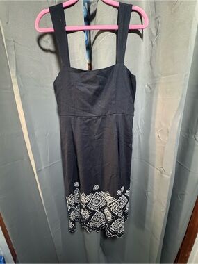 For Cynthia Navy Linen Blend Navy Embroidered Hem A-Line Dress